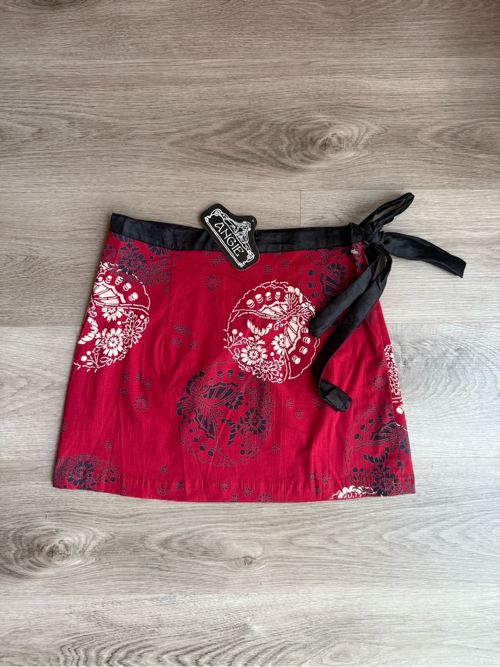 NWT Angie Red Black Faux Wrap Mini Skirt Size Small Y2K Boho